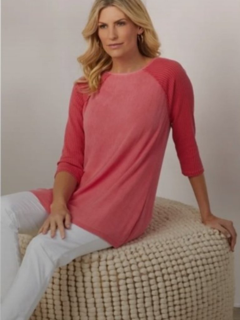 Soft Surroundings Coral Pink Ribbed Raglan Sleeve Tunic | Size M Euc